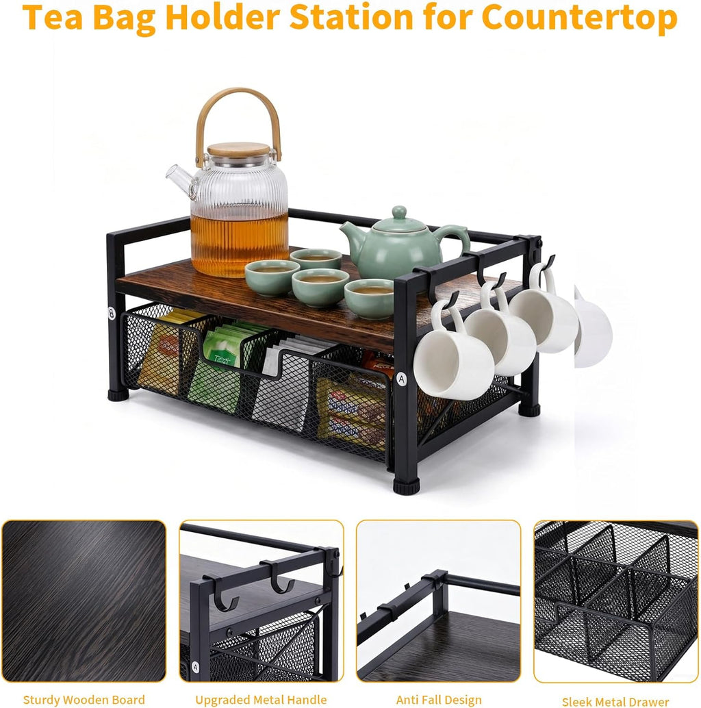 Tea Bag Coffee Bar Organizer,Teabag Holder & Coffee Station with Storage Drawer,Wood Tea Station Chest Display Container Box for Countertop Kitchen (Rustic Brown)
