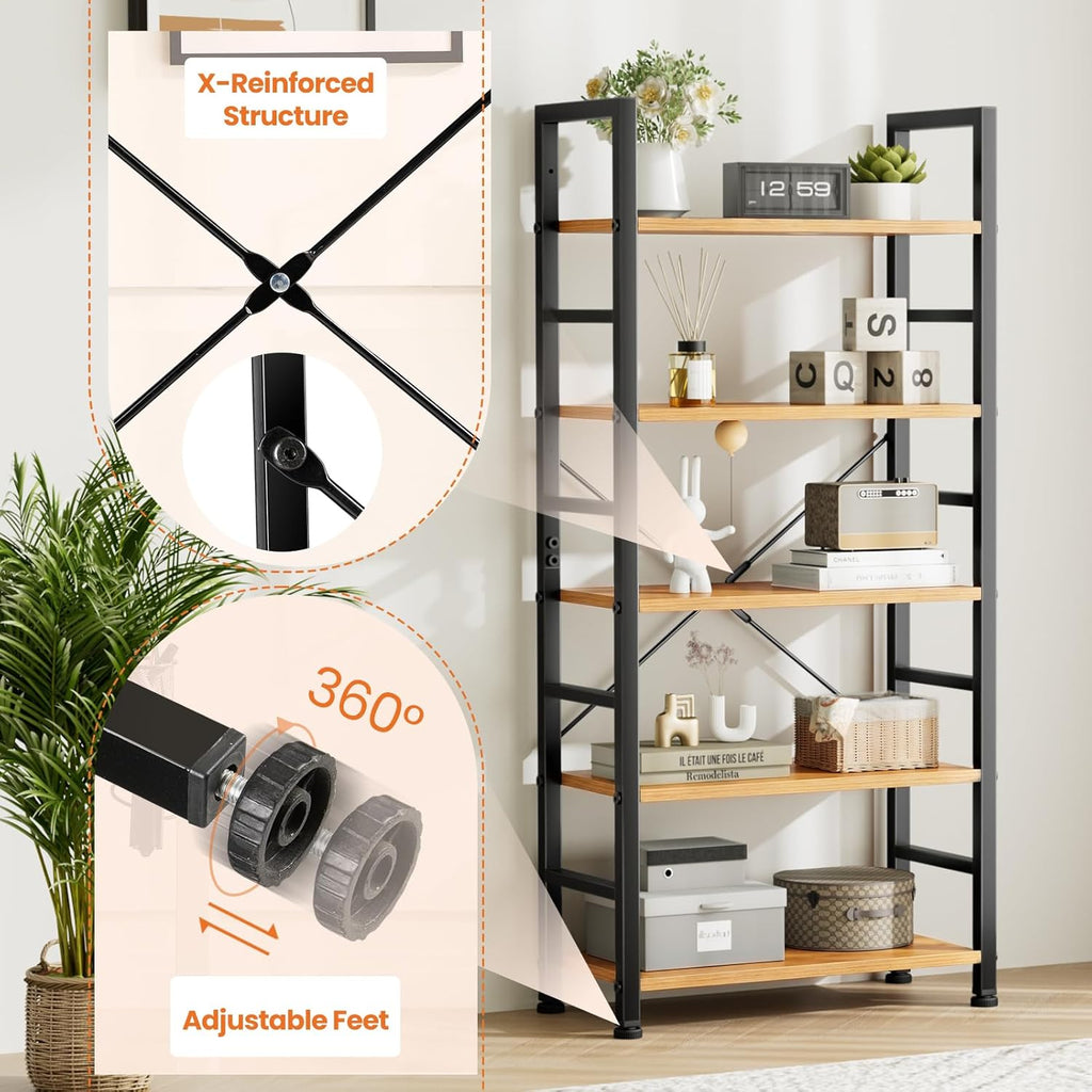 Sweetcrispy Book Shelf, 5 Tier Bookcase, Modern Tall Bookshelf for Garage Kit, CDs, Movies, Industrial Corner Storage Organizer for Bedroom Home Office Kitchen Living Room, Wood