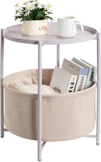 danpinera Round Side Table with Fabric Storage Basket, Small Coffee Table | Metal End Stand with Removable Serving Tray, Modern Nightstand for Small Space, Living Room, Bedroom, Nursery, Light Violet