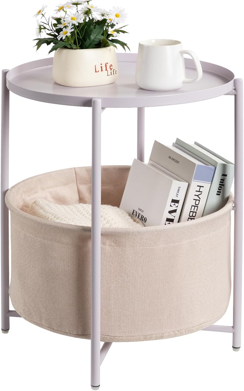danpinera Round Side Table with Fabric Storage Basket, Small Coffee Table | Metal End Stand with Removable Serving Tray, Modern Nightstand for Small Space, Living Room, Bedroom, Nursery, Light Violet