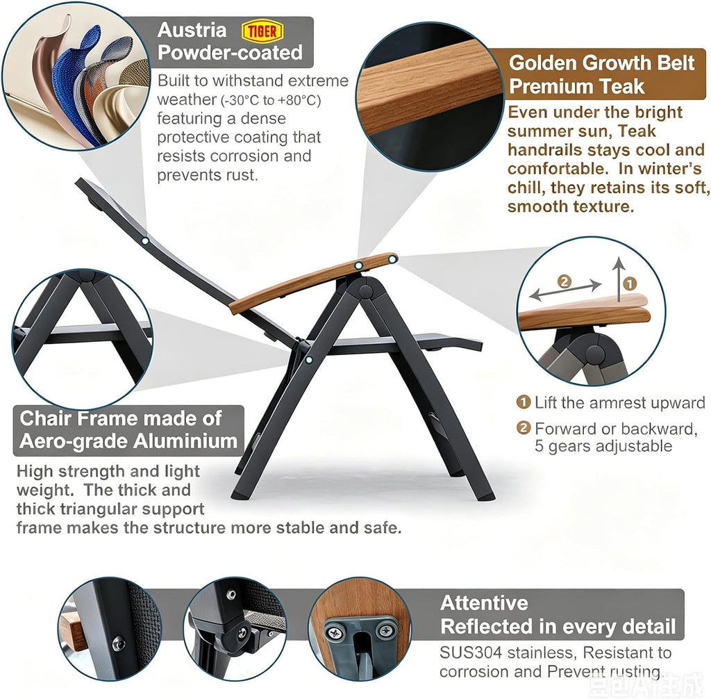 Sunair 5-Position Adjustable Folding Chair, Aircraft Aluminum, Teak Armrest | 2.0mm Thick Tubing, Holds 660 lbs, All-Weather Outdoor Use, No Assembly