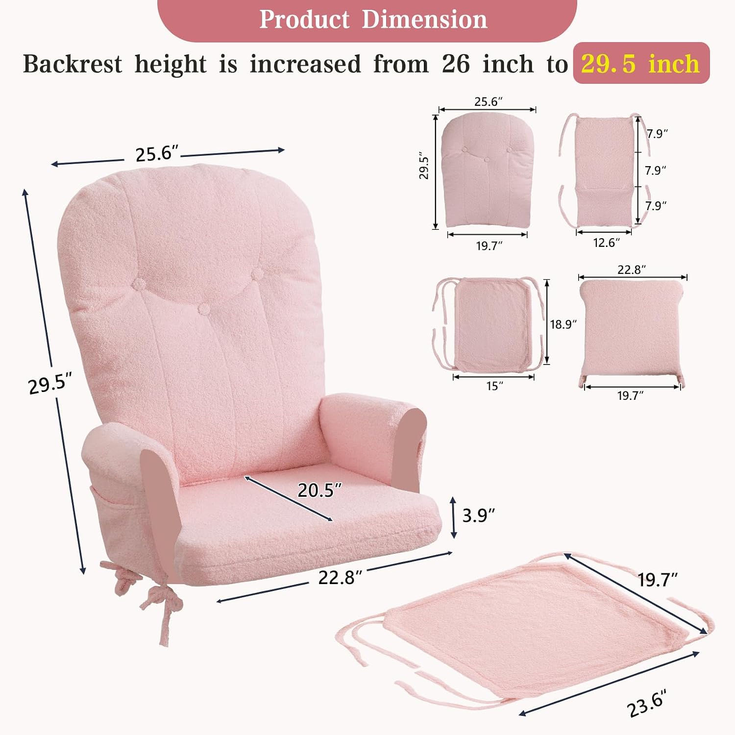 ANMINY 5pcs Glider Rocker Replacement Cushions Set with Ottoman Cover, 3.5Inch Thickened Fleece Glider Rocking Chair Cushions with 29.5Inch Tufted Backrest & Side Pockets for Indoor Nursery, Pink