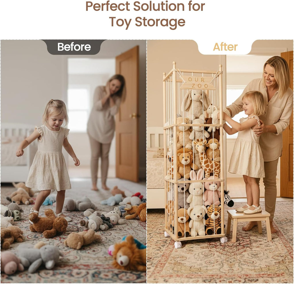 Ostutry Stuffed Animal Storage with Wheels - Wood Stuffed Animals Organizer Holder Zoo Large Capacity Plush Toy Cage with Elastic Band for Playroom, Bedroom, Nursery