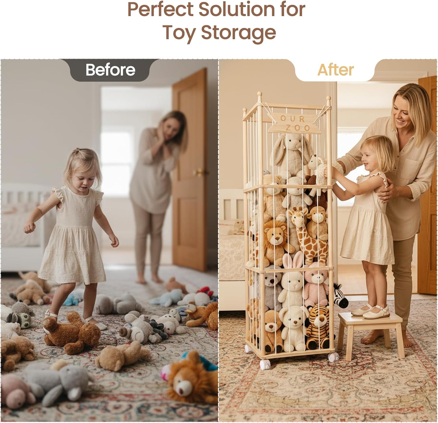 Ostutry Stuffed Animal Storage with Wheels - Wood Stuffed Animals Organizer Holder Zoo Large Capacity Plush Toy Cage with Elastic Band for Playroom, Bedroom, Nursery