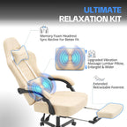 Desk Computer Gaming Chair - Ergonomic Game Office Chair with Extended Footrest and Massage Lumbar Support, Home Gamer Video Game Chairs with Spring Cushion for Adults (Pro Beige Leather)