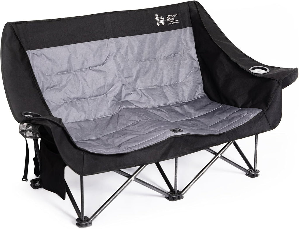OUTSIDER Double Camping Chair, OversizedCamping Loveseat with Cup Holder, Heavy Duty PortableCamping Couch, Outdoor Double Folding Chair for Patio,Lawn and Garden, Black