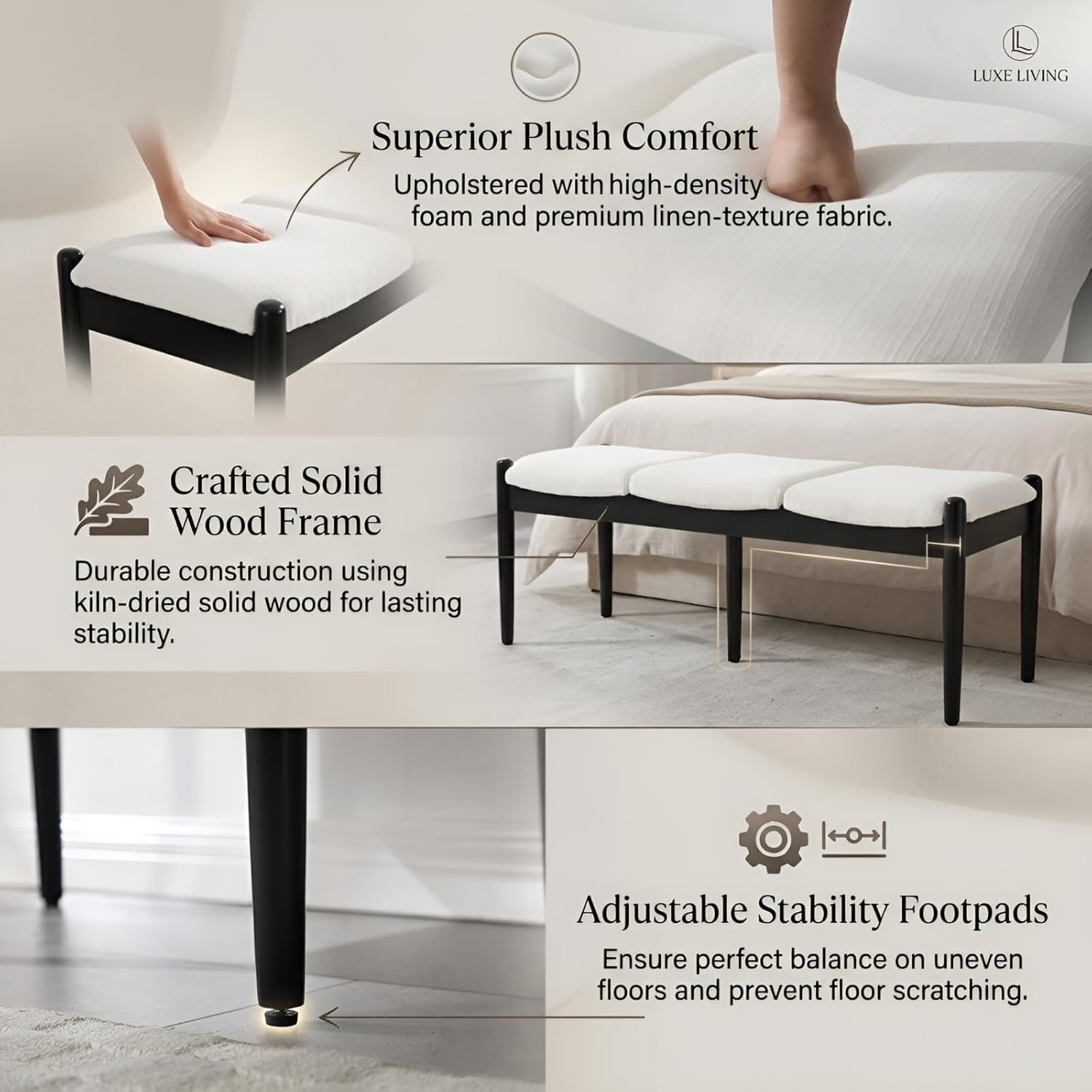 CIMOTA Modern Linen End of Bed Bench, Upholstered Bedroom Ottoman Bench Entryway Bench for Hallway/Dress Room/Living Room, Window Ottoman Bench with Solid Wood Legs, 54 Inch Long, White