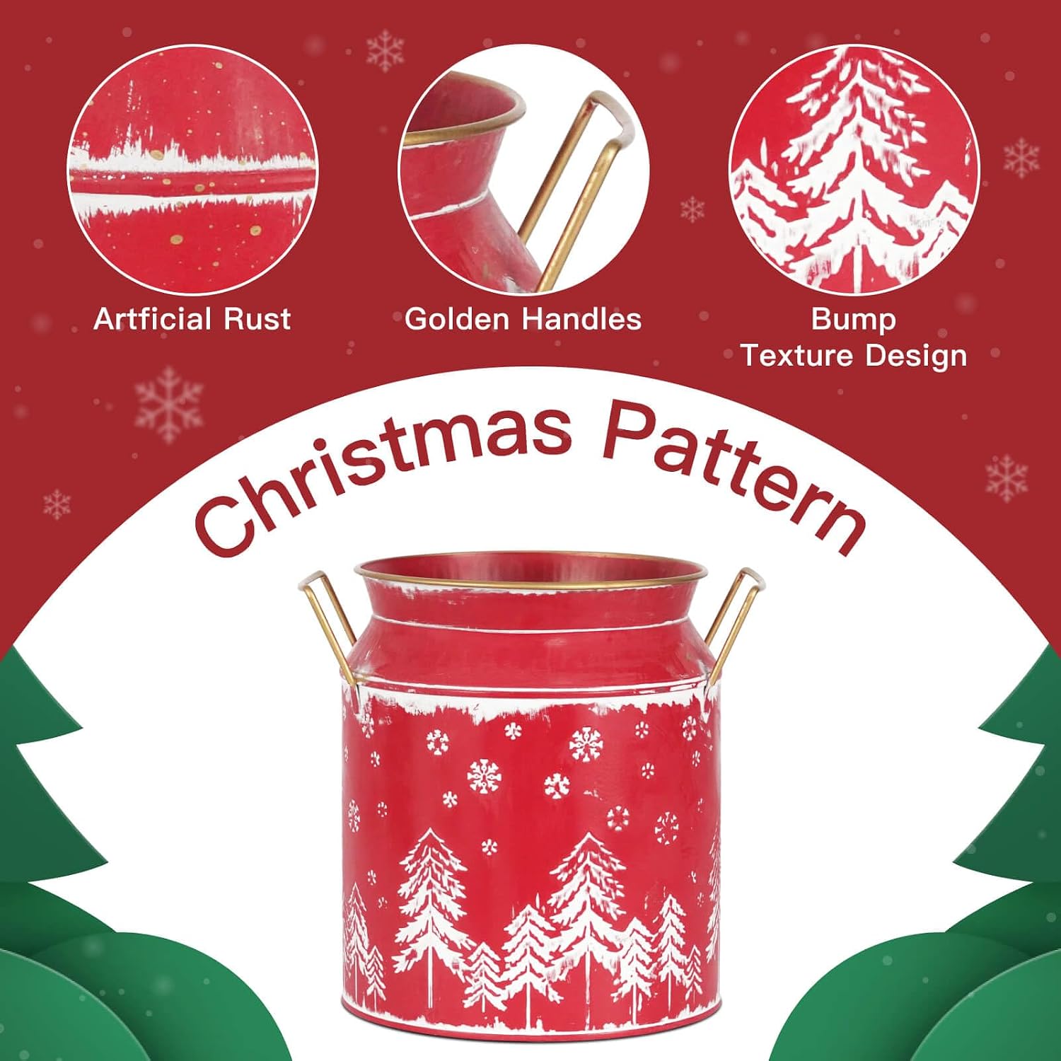 Putuo Decor Large Metal Milk Can with White Winter Forest Snowflake Design Rustic Farmhouse Holiday Vase with Gold Handles Vintage Christmas Décor for Festive Centerpieces Home Accents (Red)