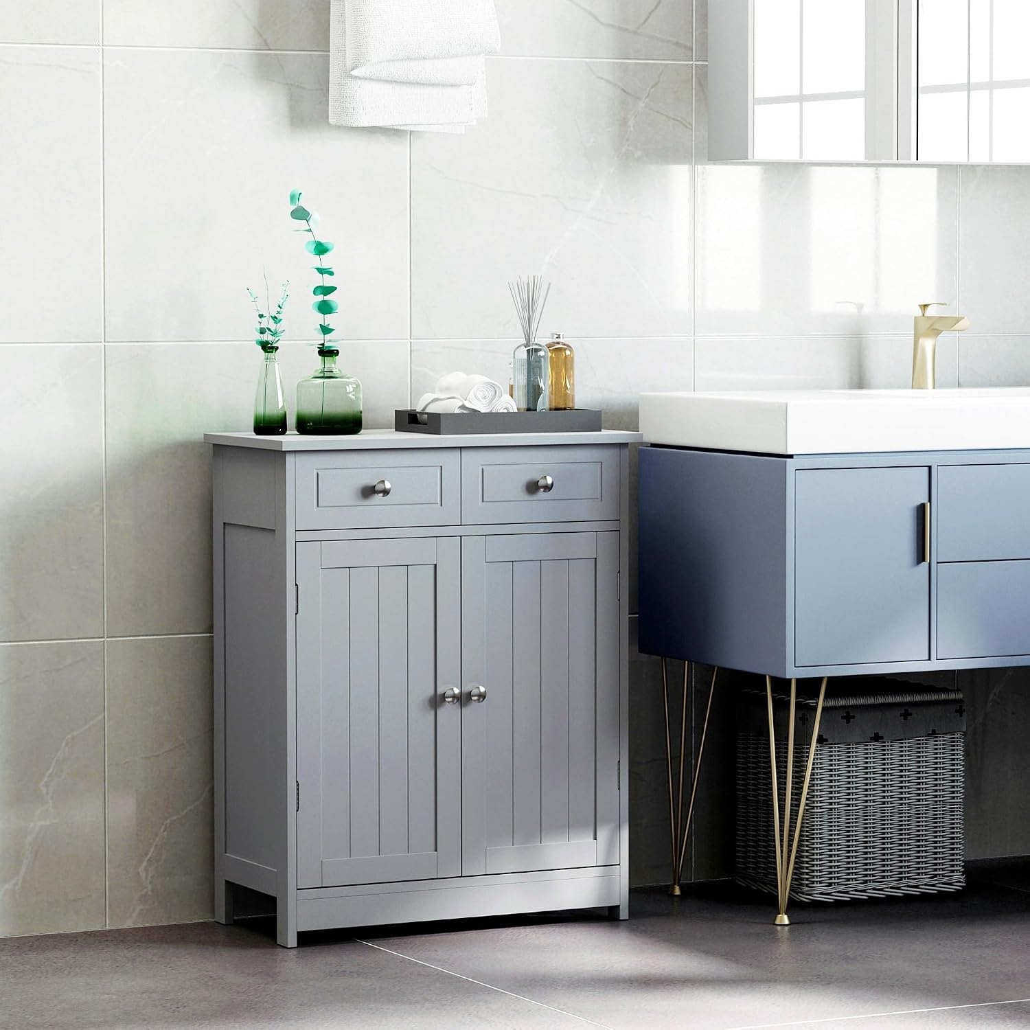 Floor Cabinet with 2 Doors, 2 Drawers and Adjustable Shelf, Freestanding Storage Cabinet for Bathroom,for Kitchen Home