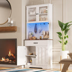Gizoon 71" H Storage Cabinet with Strip Light, Kitchen Pantry Cabinet with Doors and Drawers, White Hutch with Charging Station and Adjustable Shelves, for Coffee Bar, Dining Room, Table Top-Retro