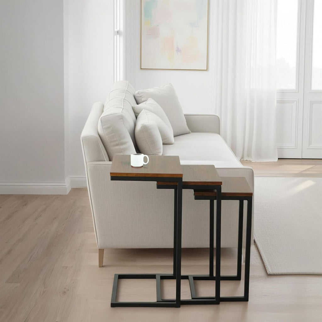 Carolina Chair & Table Rectangular 3-Piece Nesting Table Set - Chestnut Wooden Top Alloy Steel Frame Space-Saving Furniture, Modern Accent Tables for Living Room and Bedroom