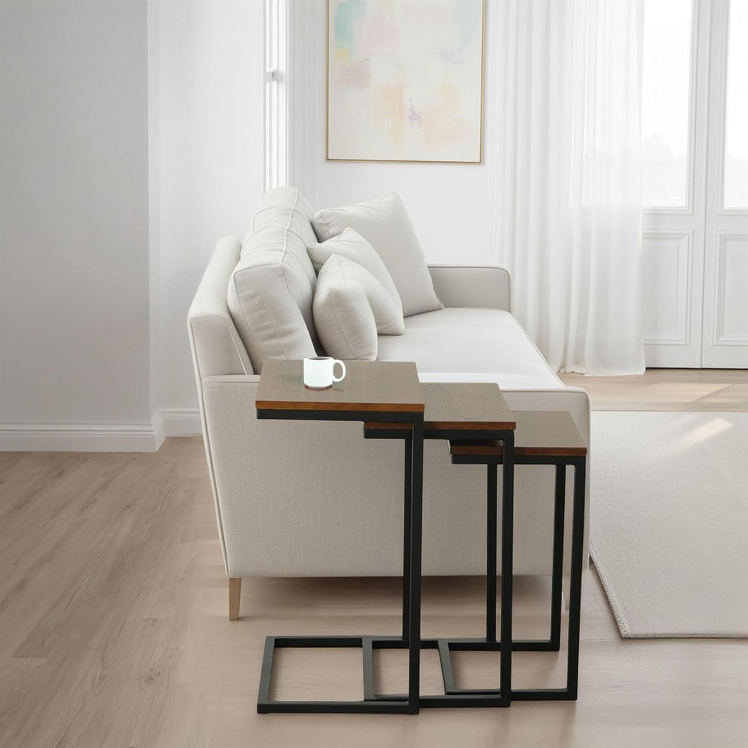 Carolina Chair & Table Rectangular 3-Piece Nesting Table Set - Chestnut Wooden Top Alloy Steel Frame Space-Saving Furniture, Modern Accent Tables for Living Room and Bedroom