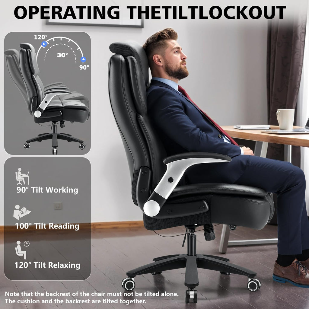 600lbs Big and Tall Office Chair, Heavy Duty Executive Desk Chair for Heavy People, Extra Wide PU Leather Computer Chair with 4" Adjustable Headrest & Air Lumbar Support