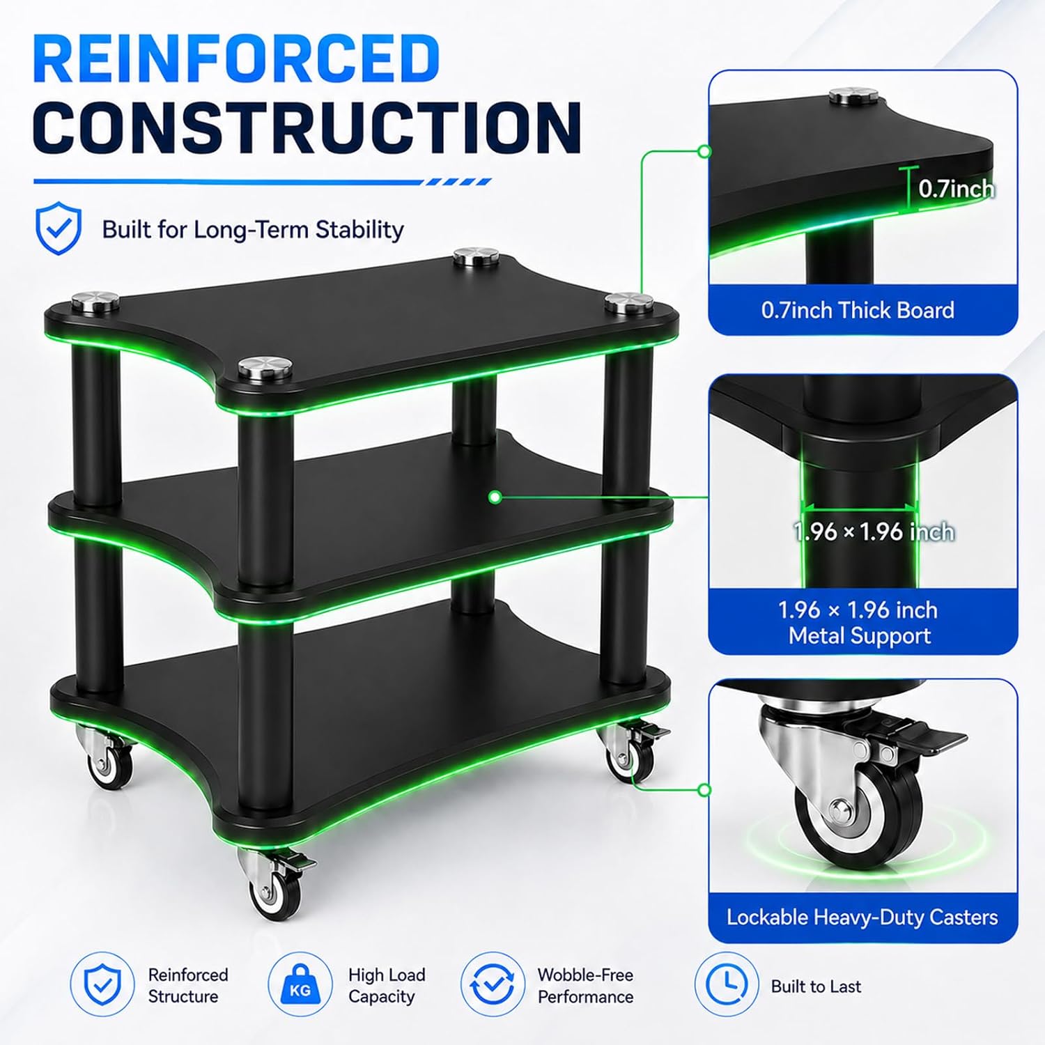 AV Media Stand with LED Lights, Audio Rack with USB Powered RGB Light Strip, Rolling Stereo Cabinet with Lockable Caster Wheels, 88 lbs Per Shelf, Printer/TV Stand for Small Spaces (black, 3-Tier)