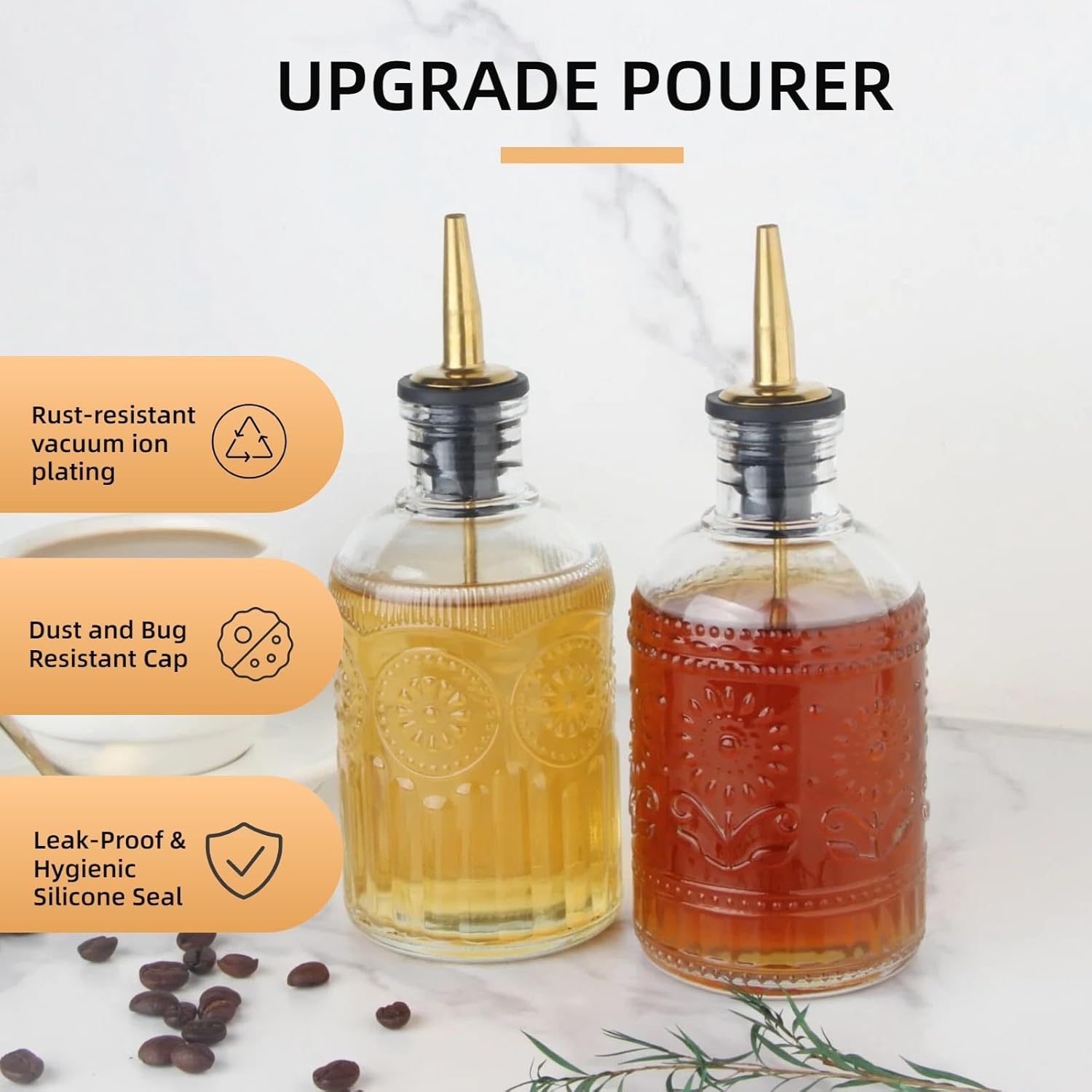 Simple Syrup Bottles Set of 2, Glass Coffee Syrup Dispenser Bottles 7 OZ With Metal Pour Spout, Labels and Stopper, Glass Syrup Dispenser for Maple Honey Syrup Oil and Sauces, LC002