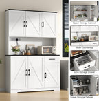 Gyfimoie 71’’ Farmhouse Kitchen Pantry Cabinet, Tall Storage Cabinet with Power Outlet, Freestanding Hutch with Drawer, 4 Adjustable Shelf & 6 Doors for Kitchen Living Room (White)