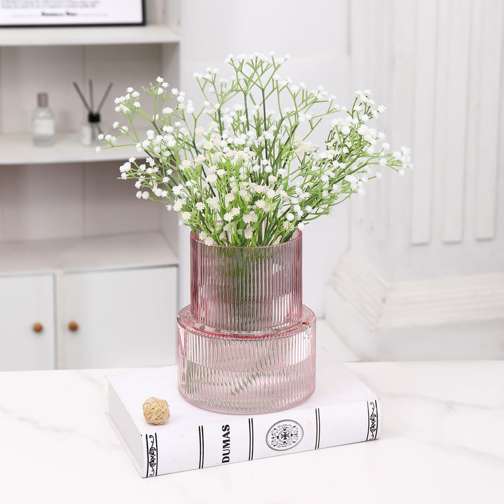 Pink Glass Vase, Ribbed Glass Vase for Tulips, Flower Vases for Bouquet, Pink Modern Vases for Living Room, Dining Table, Entryway, Mantle, Shelf, Wedding, Office, 7.5 Inches