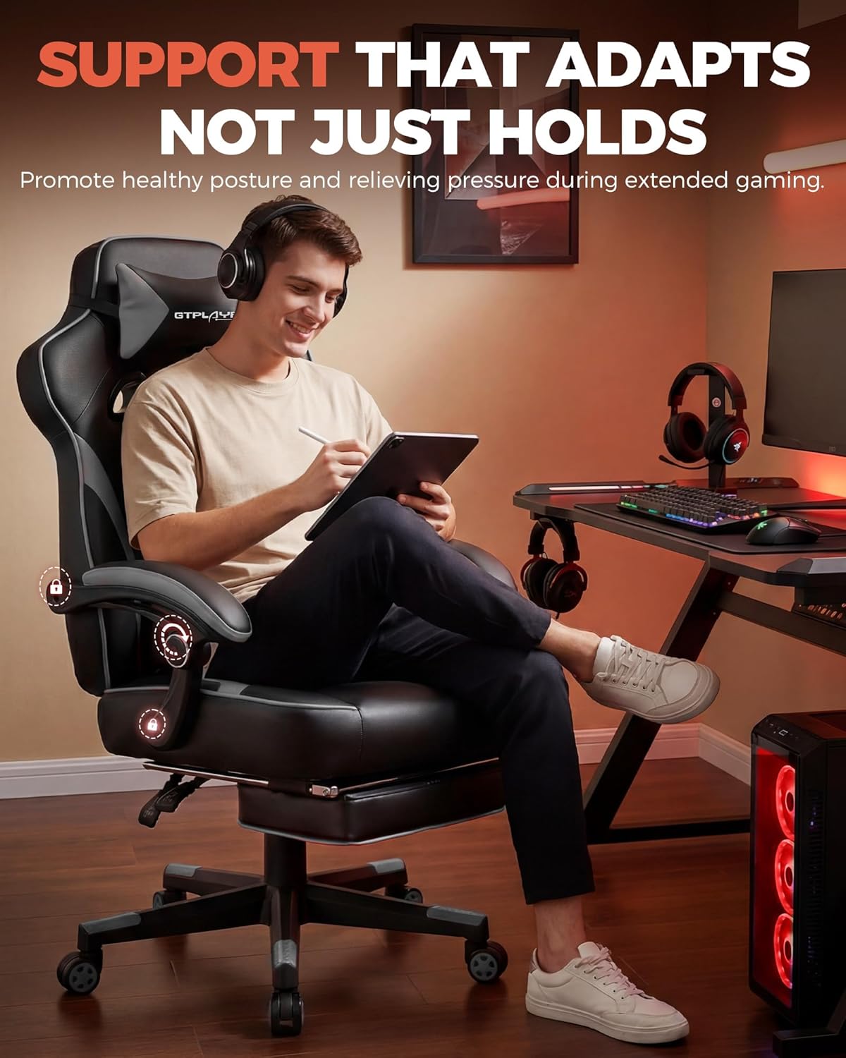 GTPLAYER Gaming Chair with Footrest, Big and Tall Computer Game Chair 350lb Racing Style, Ergonomic High Back Lumbar Support and Recliner, Moon Gray