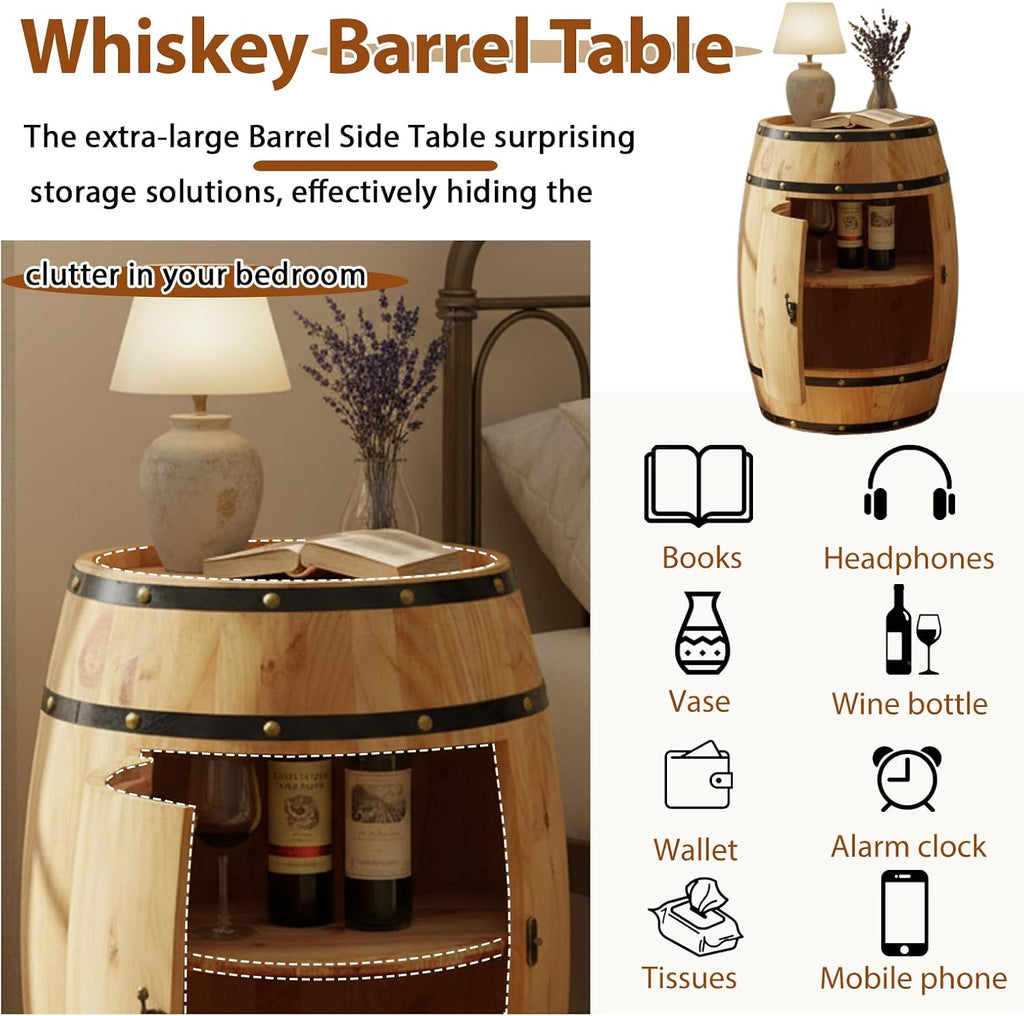 Vintage Whiskey Barrel Table, Solid Wood Barrel Side Table with Storage & Lock, Wooden Wine Barrel Cabinet, Rustic Barrel Bar for Home Bar, Living Room
