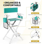 OmySalon Director's Chair 31" Height Folding Portable w/Storage Pouch & Footrest, Makeup Artist Chair for Salon, Events, Mobile, 250lb Capacity, White Wood Frame & Turquoise Canvas Seat
