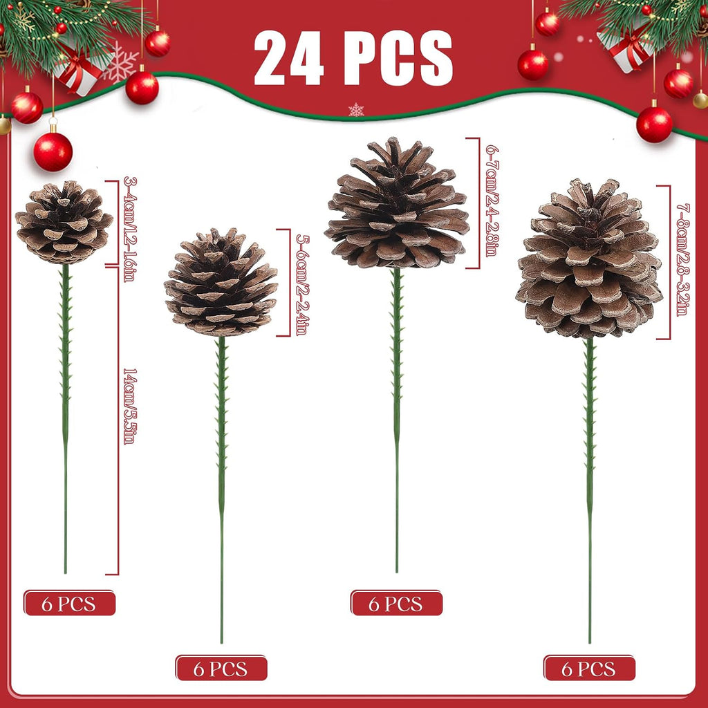 24 Pieces Christmas Pine Cones Decorations, Various Sizes Natural Pine Cones with Wired Picks, Natural Pinecones for Christmas Tree Decoration Garland Wreath Ornaments Home Decor(Natural)