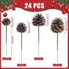 24 Pieces Christmas Pine Cones Decorations, Various Sizes Natural Pine Cones with Wired Picks, Natural Pinecones for Christmas Tree Decoration Garland Wreath Ornaments Home Decor(Natural)