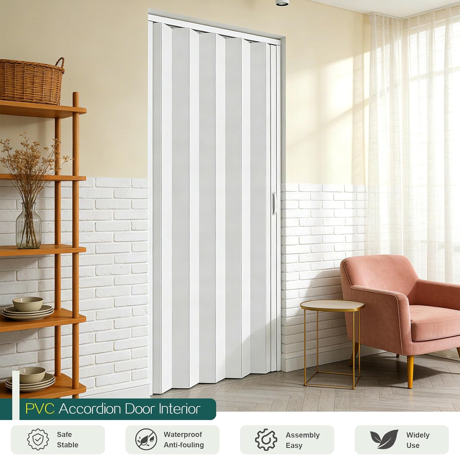 24×80in PVC Internal Accordion Folding Door, Multifold Sliding Door for Closet, White in Color, with Installation Hardware; Handle; Latch.