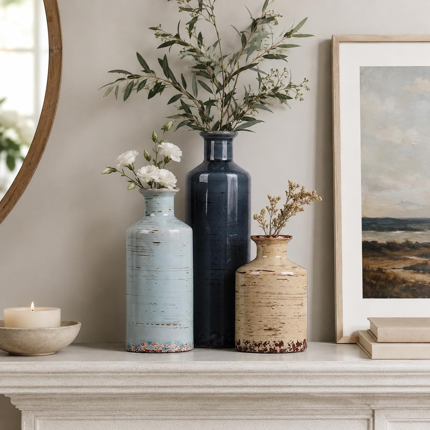 Blue and Beige Ceramic Vase Set of 3 – Rustic Distressed Glaze Pottery Vases, Small Vintage Flower Vases for Home Decor, Farmhouse, Modern Rustic, Shelf, Mantle, Table Centerpiece Decorations