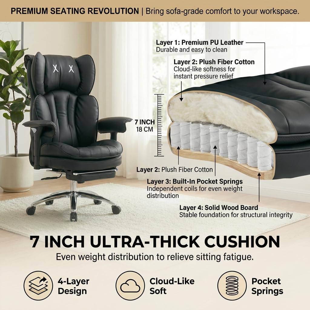 Big and Tall Office Chair, 400lbs Heavy Duty Wide Seat Executive Chair with Footrest, High Back Leather Computer Desk Chair for Home Office (Black)
