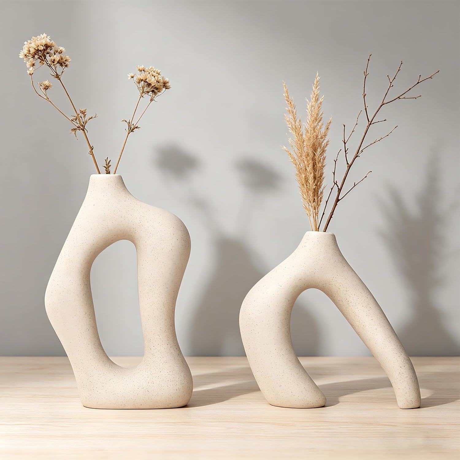 White Ceramic Vases Set of 2, Nordic Minimalist Modern Decor | Premium Matte Ceramic Finish；Modern Nordic Minimalist Style；Perfect for Fresh or Dried Flowers；Sturdy Chip-Resistant Build