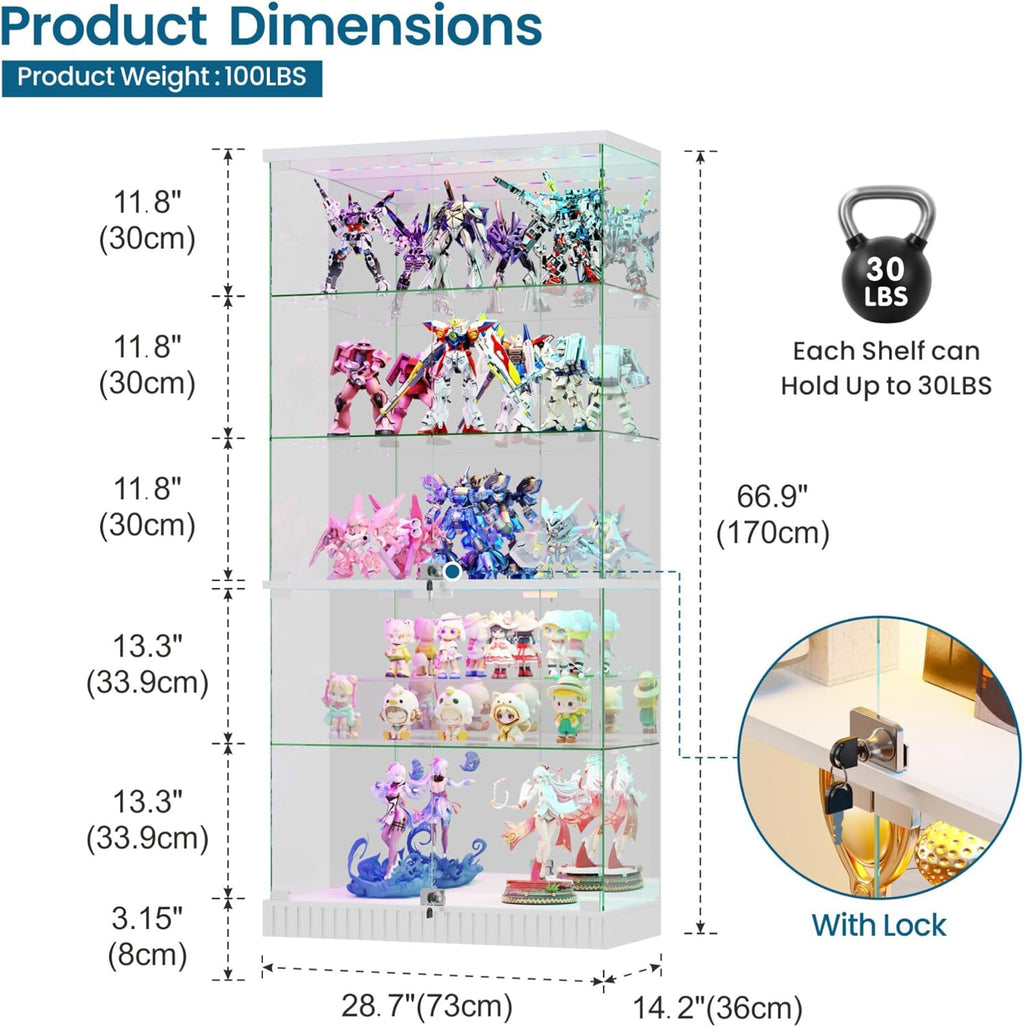 Glass Display Cabinet with Human Body Sensing RGB Lights,5-Tiers Curio Cabinet Display Case with Lock, Frameless Tall Showcase Display Shelf for Collectibles, Living Room Bookcase Storage Cabinet