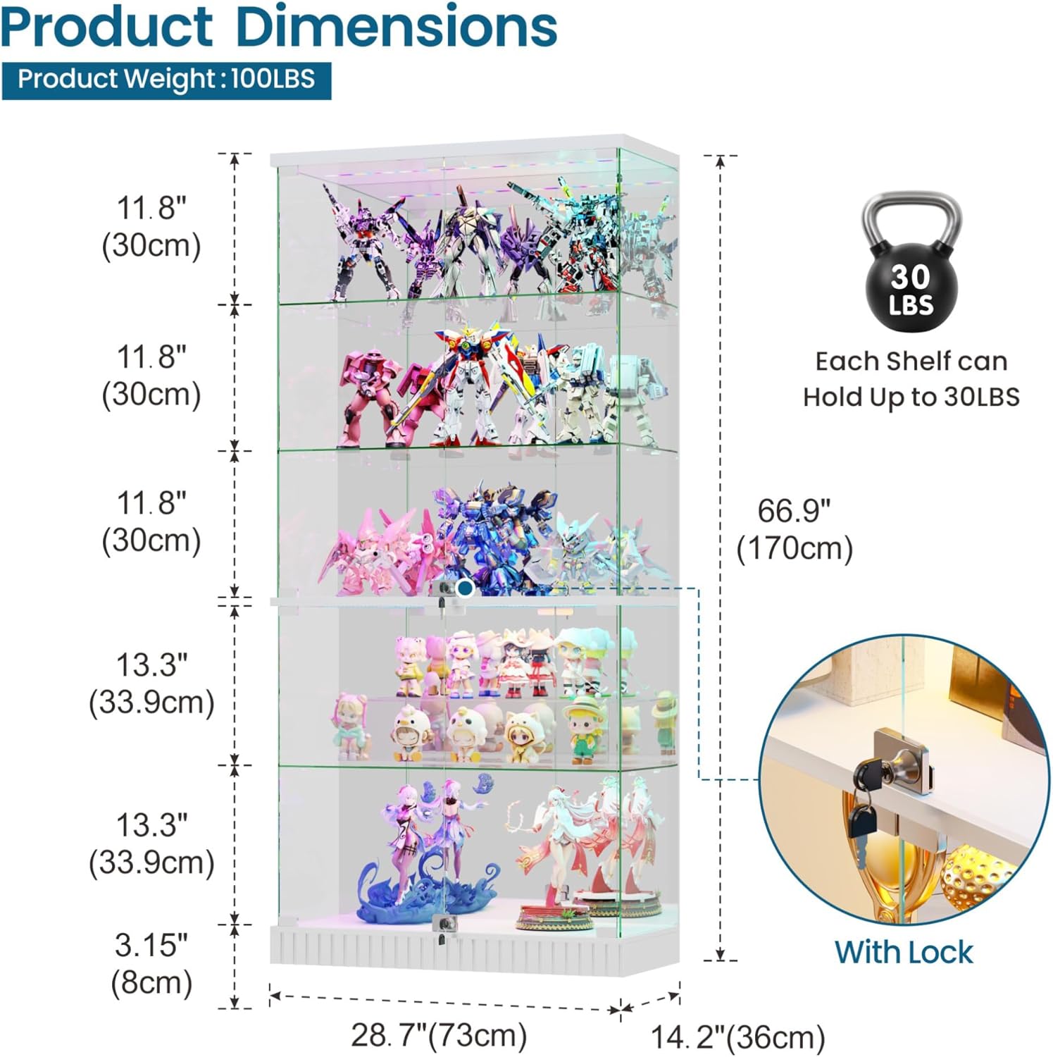 Glass Display Cabinet with Human Body Sensing RGB Lights,5-Tiers Curio Cabinet Display Case with Lock, Frameless Tall Showcase Display Shelf for Collectibles, Living Room Bookcase Storage Cabinet