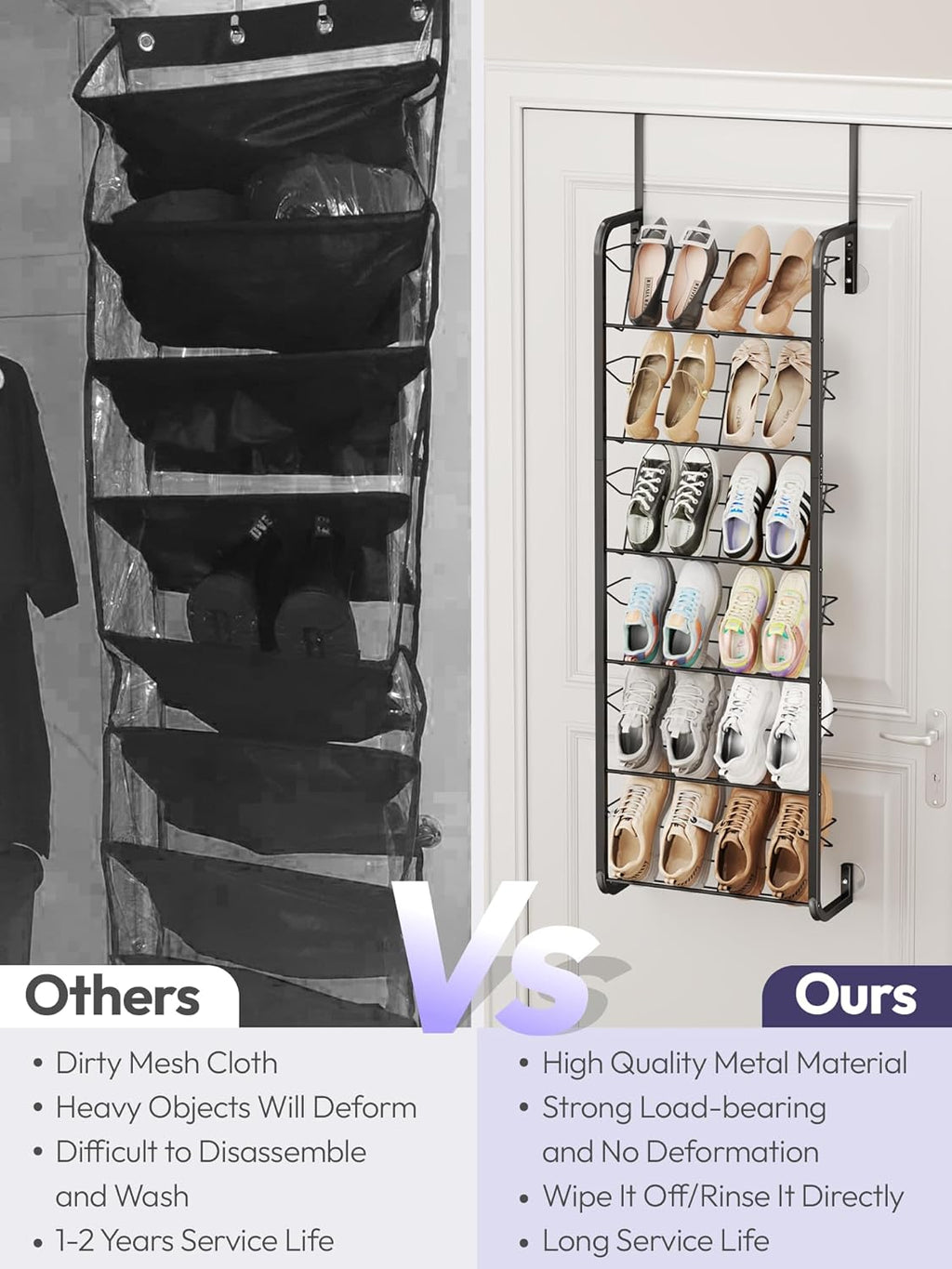 SWTYMIKI Over the Door Shoe Organizer - 6 Tier Hanging Shoe Rack for Door Storage - Heavy Duty Metal Behind Door or Wall Mount Shoes Shelf for Closet, Flats, Heels, Sneakers, Boots Black
