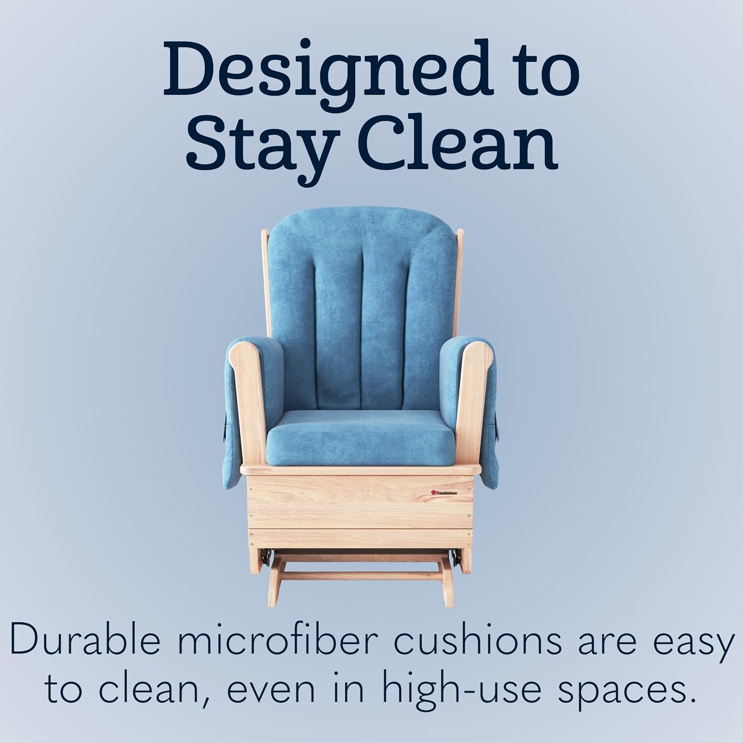 Foundations SafeRocker Standard Glider Rocker - Baby Feeding and Rocking Chair for Nursery, Daycare Environment - Nursery Rocking Chairs with Wood Skirt Base - Blue Microfiber