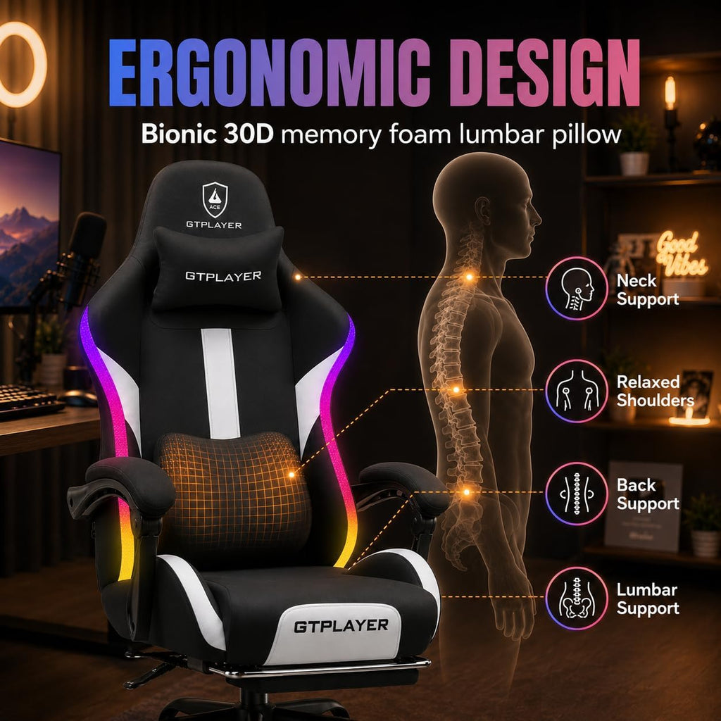 GTPLAYER Fabric Gaming Chair with Footrest, LED Lights, Comfy Chair | Ergonomic Computer Chair, Linkage Armrest, Breathable Fabric for Home Office Desk, Video Game Chairs for Adults