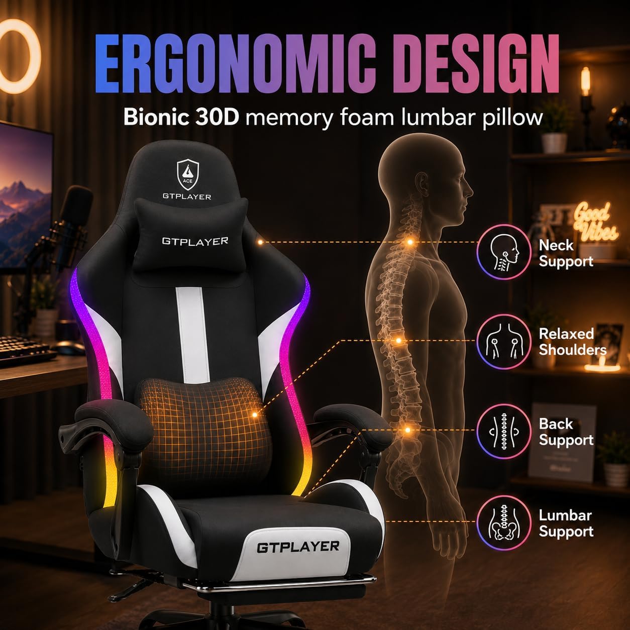 GTPLAYER Fabric Gaming Chair with Footrest, LED Lights, Comfy Chair | Ergonomic Computer Chair, Linkage Armrest, Breathable Fabric for Home Office Desk, Video Game Chairs for Adults