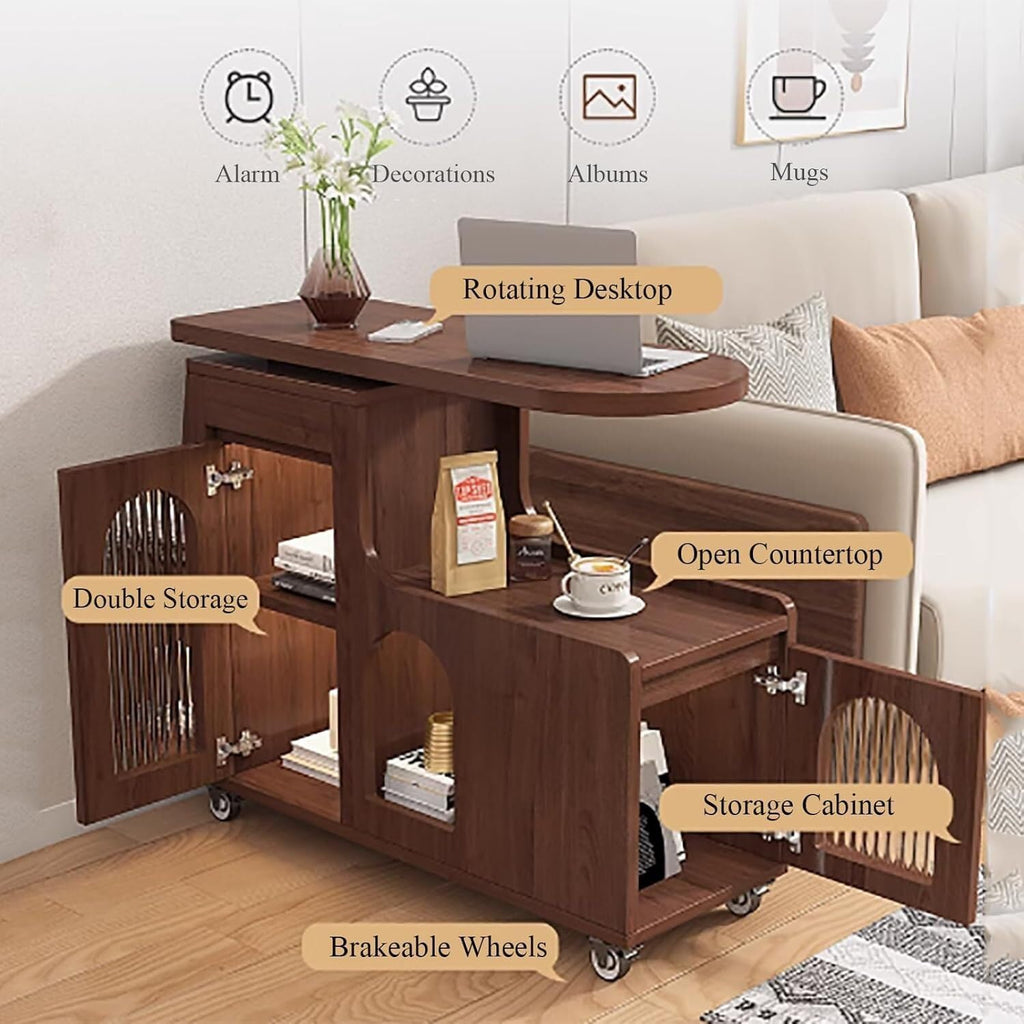 Space-Saving Swivel Trays Timber End Side Table with Storage Cabinet for Living Room and Bedroom