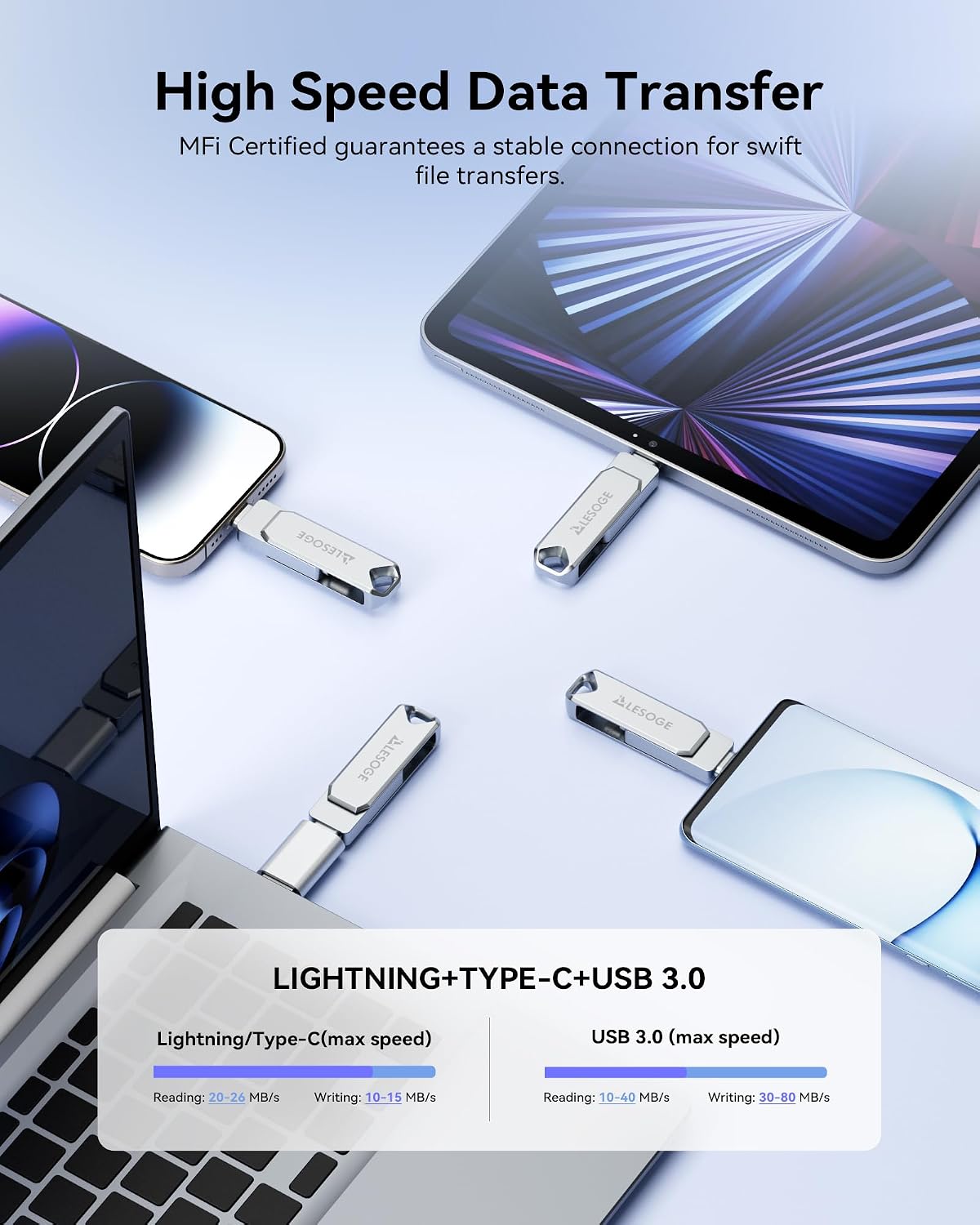 MFi Certified 256GB Flash Drive for iPhone Photo Stick Thumb Drive, USB Memory Stick iPhone Flash Drive for Photos Videos, High Speed Jump Drive External Storage for iPhone/iPad/Android/PC (Silver)