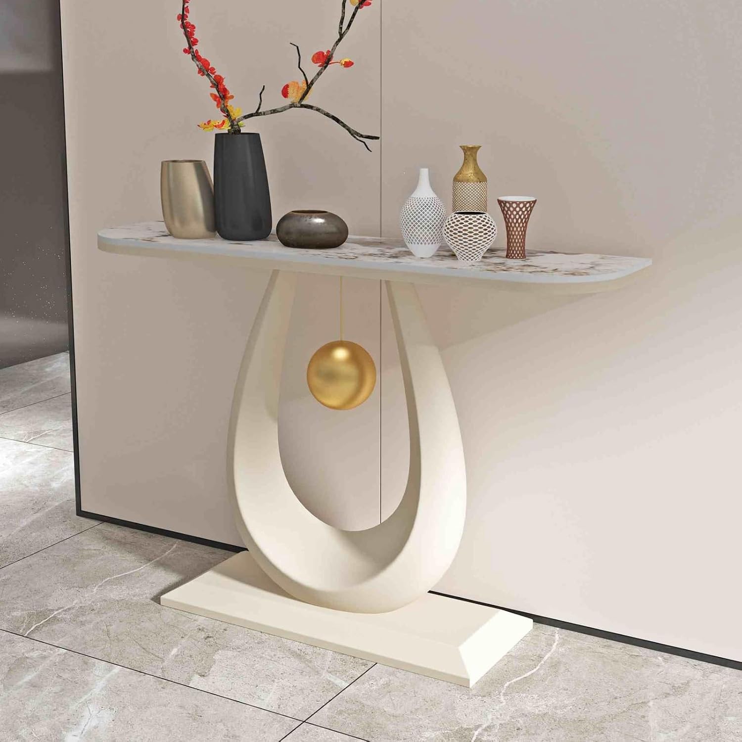 Console Table Decor Entryway Marble Scalloped Tables Behind,Console Table with Geometric Metal Frame for Entryway and Living Room