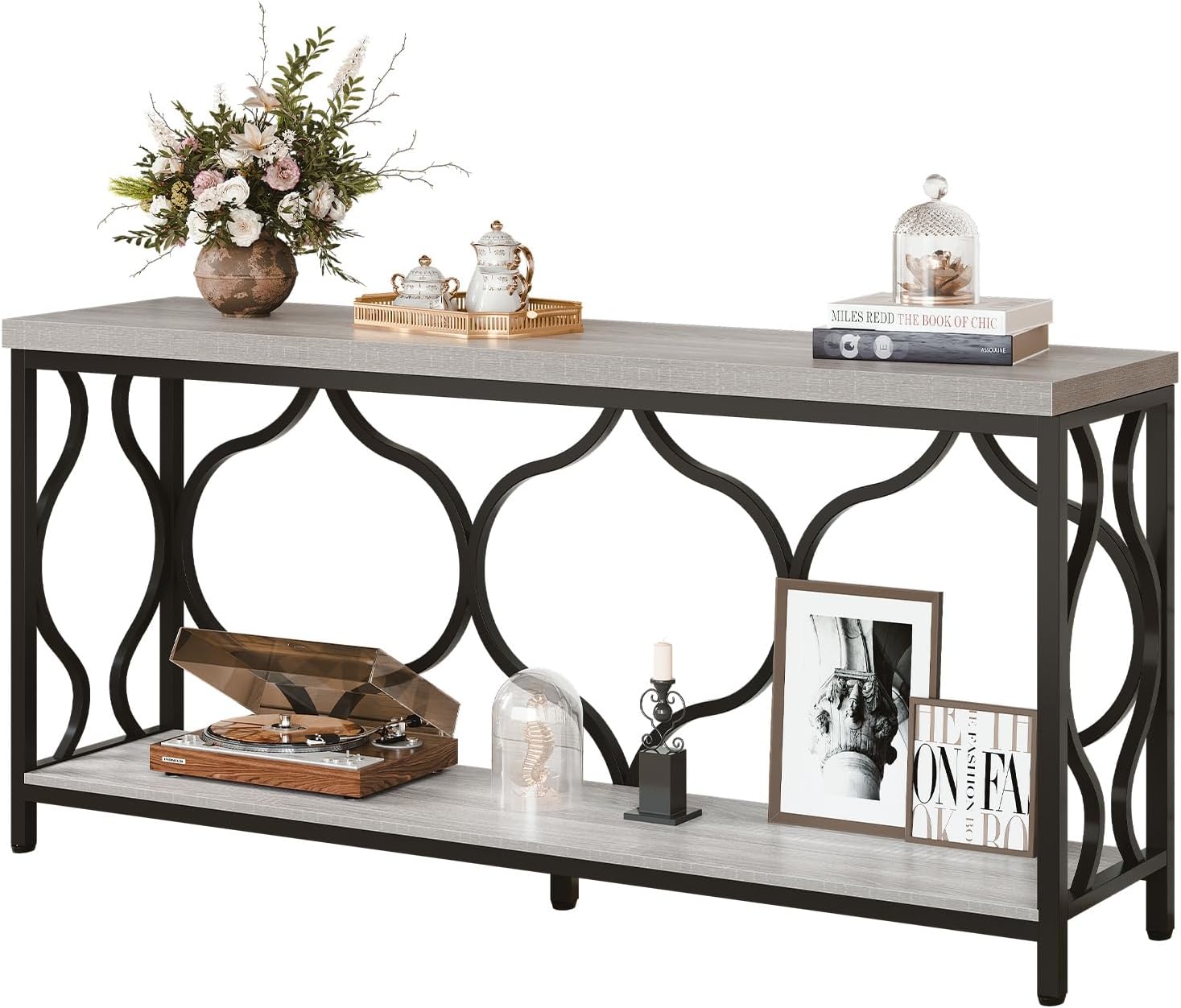 IBF Narrow extra long Sofa Console Table, 63 Inch Modern Entryway Table Behind Couch with Storage shelf, 2-Tier Industrial Wooden Metal Hallway Accent Sofa Tables for Living Room Foyer, Light Grey Oak