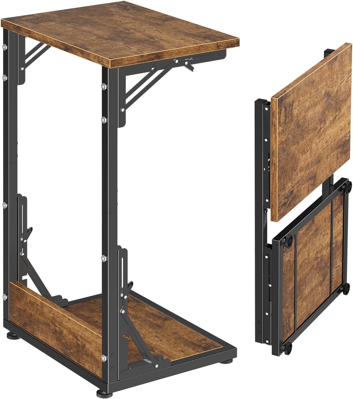 Simple Trending Folding Side Table, C Shaped End Table, TV Tray Couch Table for Living Bedroom, Rustic Brown