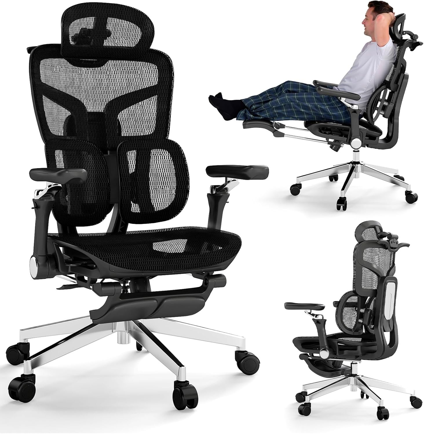 MOJAY Ergonomic Office Chair with Footrest, Big and Tall Desk Chair with Lumbar Support, High Back Home Desk Chair for Long Desk Work, Swivel Rolling Computer Seating with 6D Armrest for Home Office