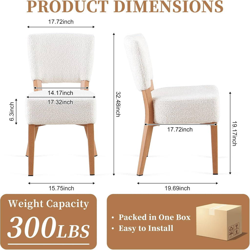 Stackable Dining Chairs Set of 2, Modern Fabric Upholstered Kitchen Side Chairs, Mid Century Modern Dining Room Chair with Oak Wood Grain Color Metal Legs for Small Spaces, White