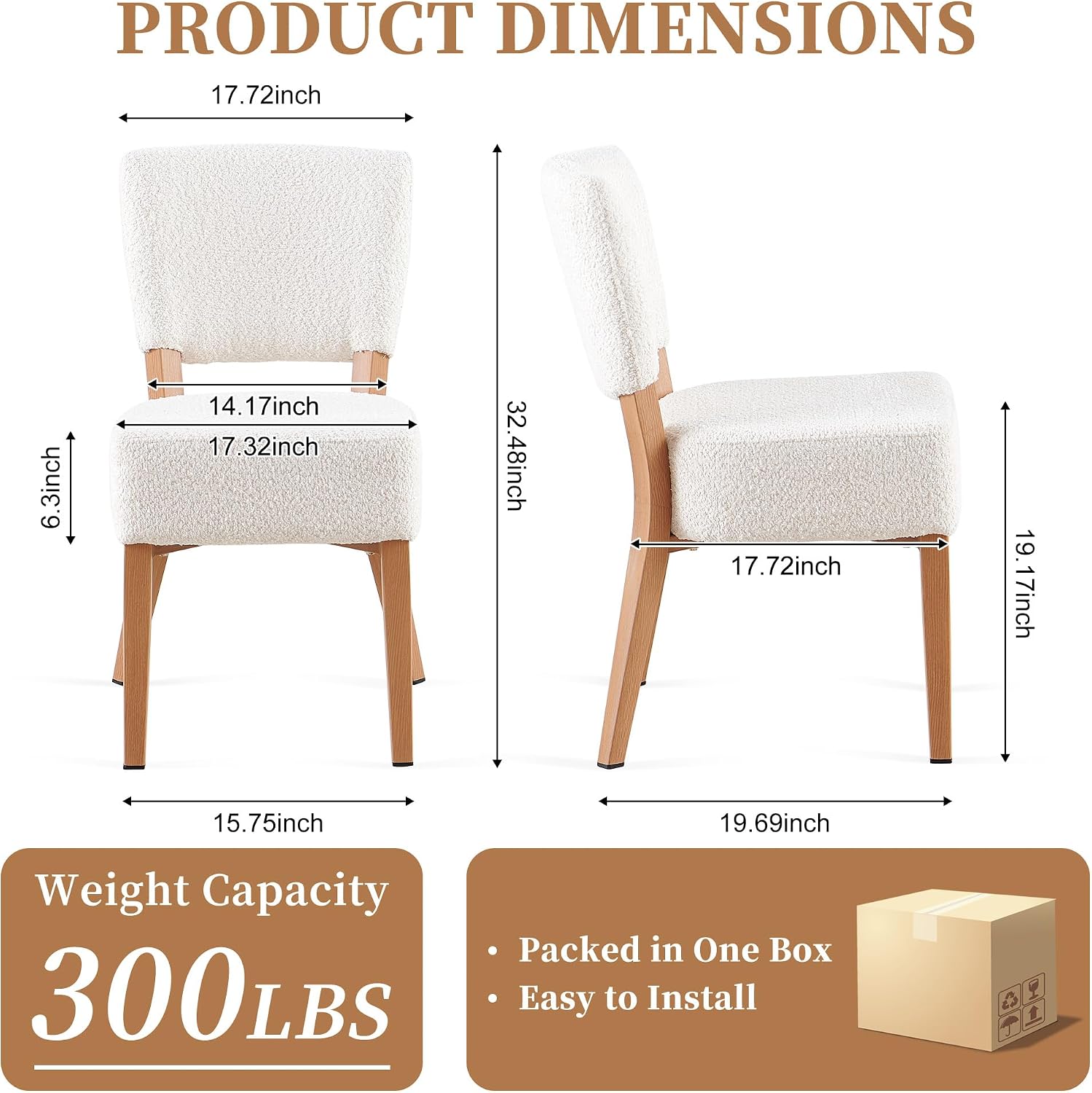 Stackable Dining Chairs Set of 2, Modern Fabric Upholstered Kitchen Side Chairs, Mid Century Modern Dining Room Chair with Oak Wood Grain Color Metal Legs for Small Spaces, White