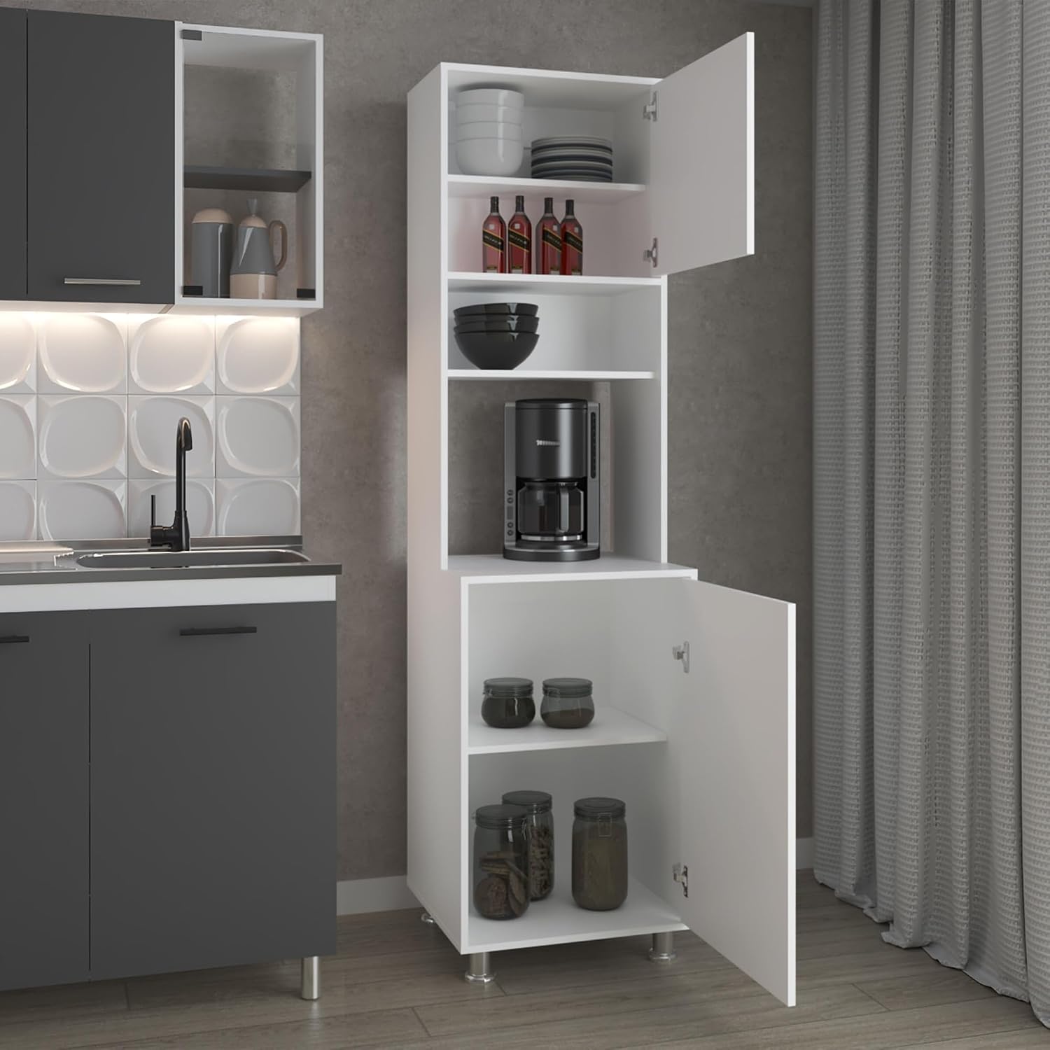 Kitchen Pantry with Open Storage and 2 Doors, White,for Kitchen