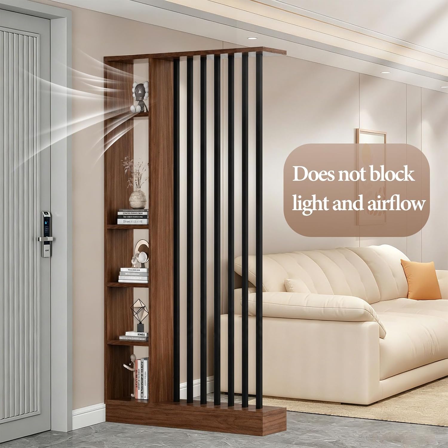 Wall Room Divider Entrance Hall Partition Screen Column Floor to Ceiling Wall Room Divider with Storage Shelves Modern Room Dividers with Shelves,Walnut+Black,L47×W9×H81