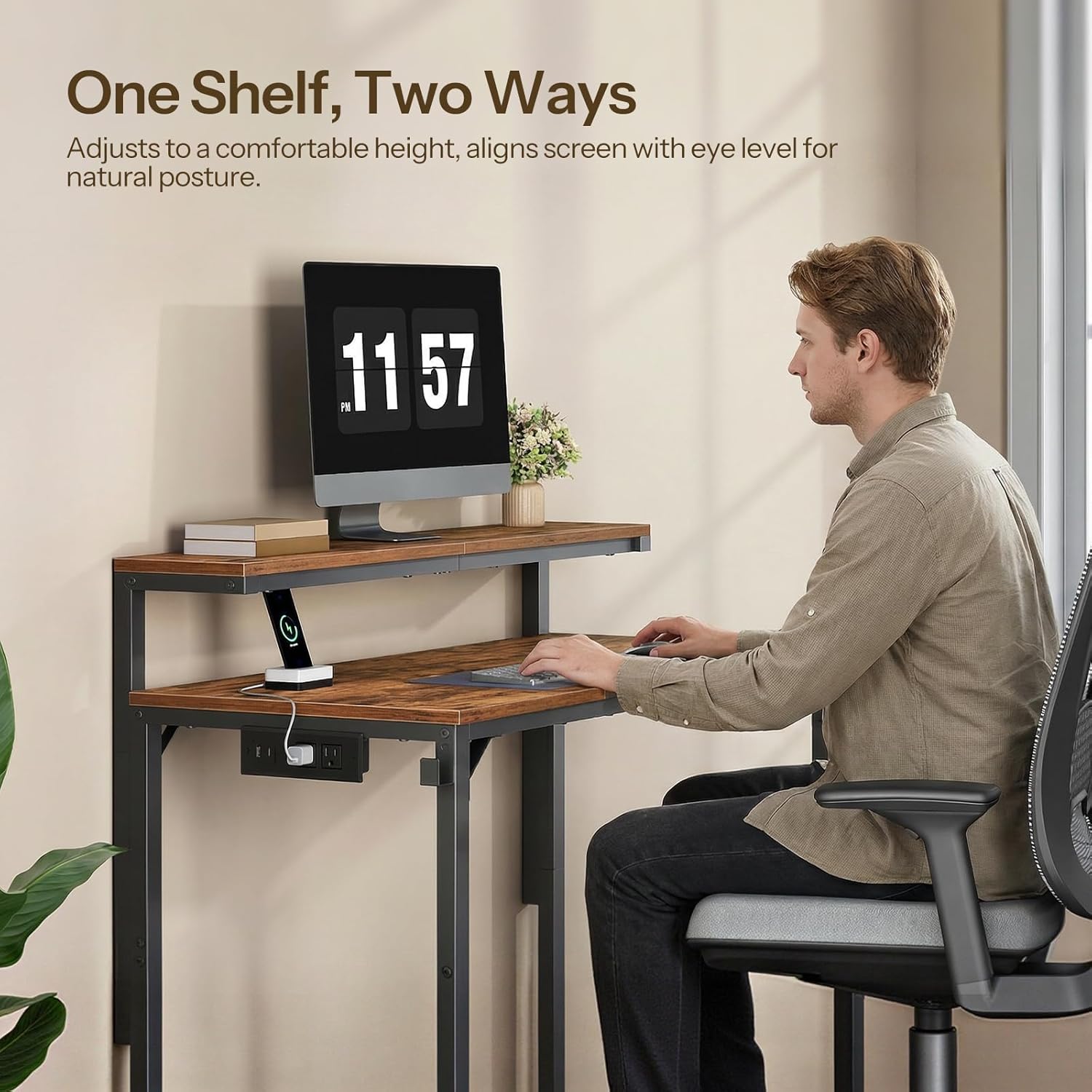 HOOBRO Small Computer Desk, 28.3" Desk for Small Spaces, Office Desk with Power Outlet & Adjustable Monitor Stand, Compact Desk with Storage, Writing Table for Bedroom, Office, Rustic Brown BF38UDN01