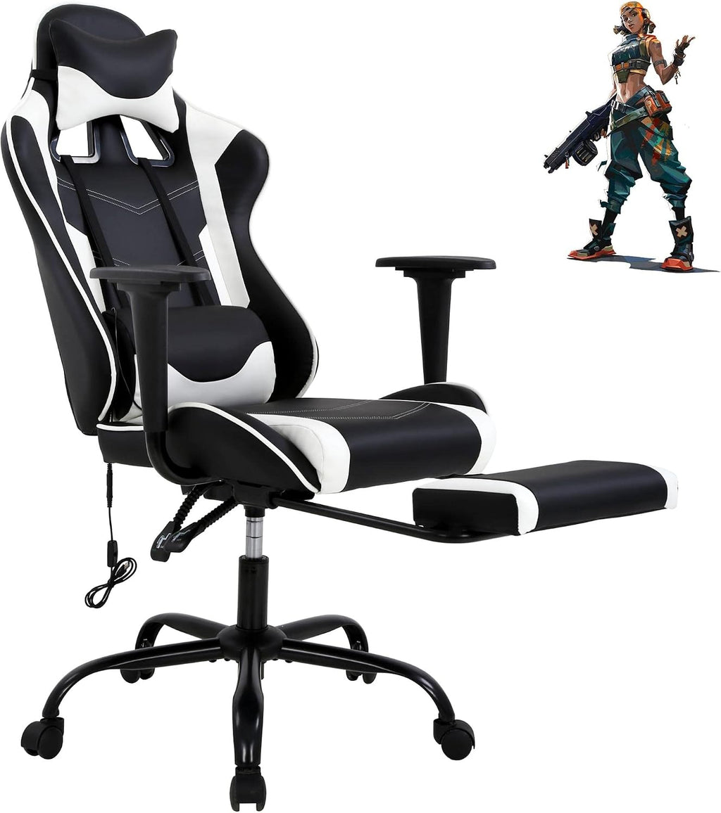 PC Gaming Chair Ergonomic Racing Office Chair Video Game Chair, Massage Function Lumbar Support with Arms Footrest & Headrest Nice Chic Desk Chair, Adjustable Home Office Chair - White
