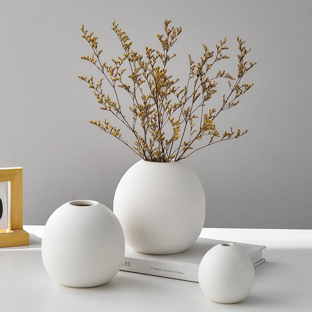 Ceramic Vase Set of 3 for Modern Home Decor, Boho Vase White Round Vase Minimalist Decorative Vase for Table Centerpiece Wedding Dining Living Room Office Entryway Coffee Table Decor
