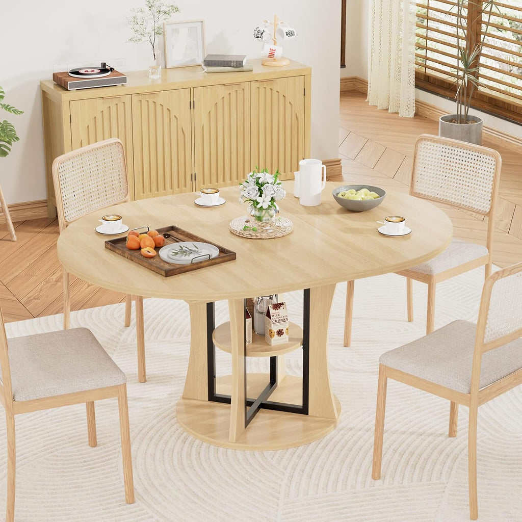 AwayHome 43.3''-59'' Extendable Round Dining Table for 4-8, Modern Kitchen Expandable Dining Table with Storage, Space Saving Circle Oval Kitchen Table with Leaf for Dining Room Living Room